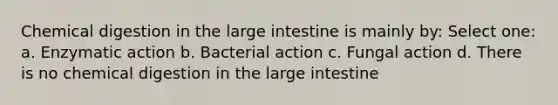 Chemical digestion in the <a href='https://www.questionai.com/knowledge/kGQjby07OK-large-intestine' class='anchor-knowledge'>large intestine</a> is mainly by: Select one: a. Enzymatic action b. Bacterial action c. Fungal action d. There is no chemical digestion in the large intestine