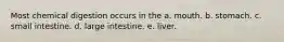 Most chemical digestion occurs in the a. mouth. b. stomach. c. small intestine. d. large intestine. e. liver.