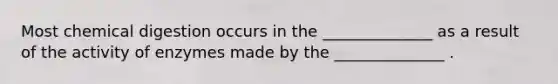 Most chemical digestion occurs in the ______________ as a result of the activity of enzymes made by the ______________ .
