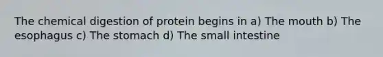 The chemical digestion of protein begins in a) The mouth b) The esophagus c) The stomach d) The small intestine