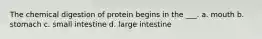 The chemical digestion of protein begins in the ___. a. mouth b. stomach c. small intestine d. large intestine