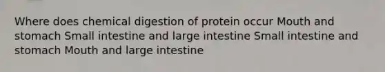 Where does chemical digestion of protein occur Mouth and stomach Small intestine and large intestine Small intestine and stomach Mouth and large intestine