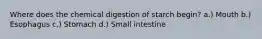 Where does the chemical digestion of starch begin? a.) Mouth b.) Esophagus c.) Stomach d.) Small intestine