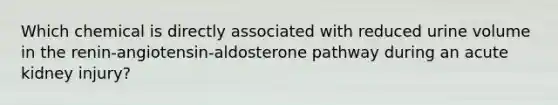 Which chemical is directly associated with reduced urine volume in the renin-angiotensin-aldosterone pathway during an acute kidney injury?