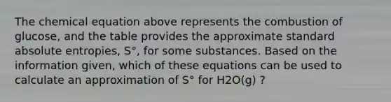 The chemical equation above represents the combustion of glucose, and the table provides the approximate standard absolute entropies, S°, for some substances. Based on the information given, which of these equations can be used to calculate an approximation of S° for H2O(g) ?