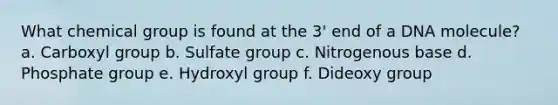 What chemical group is found at the 3' end of a DNA molecule? a. Carboxyl group b. Sulfate group c. Nitrogenous base d. Phosphate group e. Hydroxyl group f. Dideoxy group