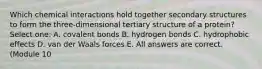 Which chemical interactions hold together secondary structures to form the three-dimensional tertiary structure of a protein? Select one: A. covalent bonds B. hydrogen bonds C. hydrophobic effects D. van der Waals forces E. All answers are correct. (Module 10