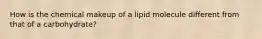 How is the chemical makeup of a lipid molecule different from that of a carbohydrate?