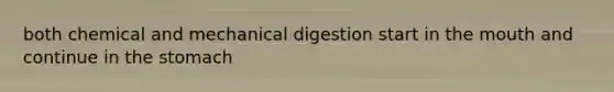 both chemical and mechanical digestion start in <a href='https://www.questionai.com/knowledge/krBoWYDU6j-the-mouth' class='anchor-knowledge'>the mouth</a> and continue in <a href='https://www.questionai.com/knowledge/kLccSGjkt8-the-stomach' class='anchor-knowledge'>the stomach</a>