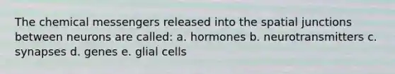 The chemical messengers released into the spatial junctions between neurons are called: a. hormones b. neurotransmitters c. synapses d. genes e. glial cells