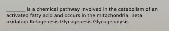 ________ is a chemical pathway involved in the catabolism of an activated fatty acid and occurs in the mitochondria. Beta-oxidation Ketogenesis Glycogenesis Glycogenolysis