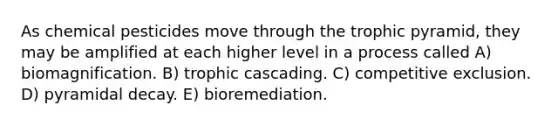 As chemical pesticides move through the trophic pyramid, they may be amplified at each higher level in a process called A) biomagnification. B) trophic cascading. C) competitive exclusion. D) pyramidal decay. E) bioremediation.