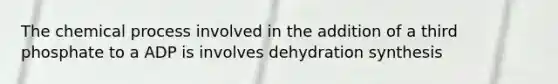 The chemical process involved in the addition of a third phosphate to a ADP is involves dehydration synthesis