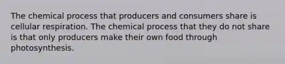 The chemical process that producers and consumers share is cellular respiration. The chemical process that they do not share is that only producers make their own food through photosynthesis.