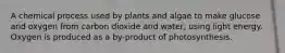 A chemical process used by plants and algae to make glucose and oxygen from carbon dioxide and water, using light energy. Oxygen is produced as a by-product of photosynthesis.