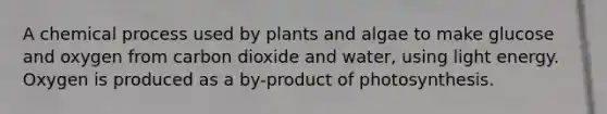 A chemical process used by plants and algae to make glucose and oxygen from carbon dioxide and water, using light energy. Oxygen is produced as a by-product of photosynthesis.