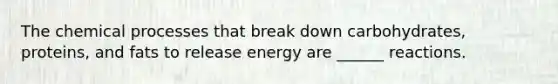 The chemical processes that break down carbohydrates, proteins, and fats to release energy are ______ reactions.