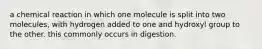 a chemical reaction in which one molecule is split into two molecules, with hydrogen added to one and hydroxyl group to the other. this commonly occurs in digestion.