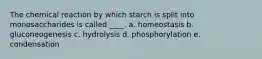 The chemical reaction by which starch is split into monosaccharides is called ____. a. homeostasis b. gluconeogenesis c. hydrolysis​ d. phosphorylation e. condensation