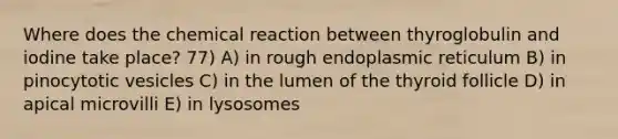 Where does the chemical reaction between thyroglobulin and iodine take place? 77) A) in rough endoplasmic reticulum B) in pinocytotic vesicles C) in the lumen of the thyroid follicle D) in apical microvilli E) in lysosomes