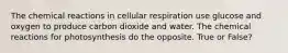 The chemical reactions in cellular respiration use glucose and oxygen to produce carbon dioxide and water. The chemical reactions for photosynthesis do the opposite. True or False?