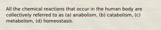 All the chemical reactions that occur in the human body are collectively referred to as (a) anabolism, (b) catabolism, (c) metabolism, (d) homeostasis.