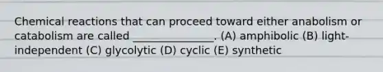 Chemical reactions that can proceed toward either anabolism or catabolism are called _______________. (A) amphibolic (B) light-independent (C) glycolytic (D) cyclic (E) synthetic