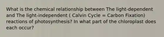 What is the chemical relationship between The light-dependent and The light-independent ( Calvin Cycle = Carbon Fixation) reactions of photosynthesis? In what part of the chloroplast does each occur?