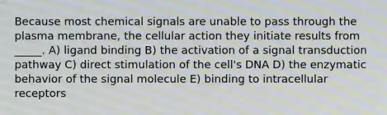 Because most chemical signals are unable to pass through the plasma membrane, the cellular action they initiate results from _____. A) ligand binding B) the activation of a signal transduction pathway C) direct stimulation of the cell's DNA D) the enzymatic behavior of the signal molecule E) binding to intracellular receptors