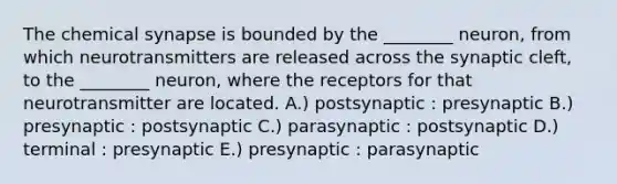 The chemical synapse is bounded by the ________ neuron, from which neurotransmitters are released across the synaptic cleft, to the ________ neuron, where the receptors for that neurotransmitter are located. A.) postsynaptic : presynaptic B.) presynaptic : postsynaptic C.) parasynaptic : postsynaptic D.) terminal : presynaptic E.) presynaptic : parasynaptic