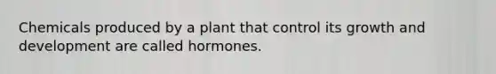 Chemicals produced by a plant that control its growth and development are called hormones.