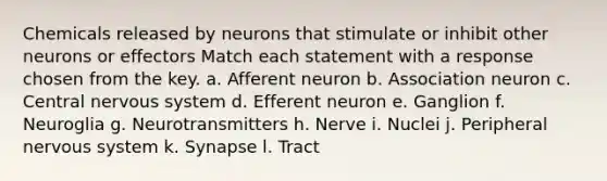 Chemicals released by neurons that stimulate or inhibit other neurons or effectors Match each statement with a response chosen from the key. a. Afferent neuron b. Association neuron c. Central nervous system d. Efferent neuron e. Ganglion f. Neuroglia g. Neurotransmitters h. Nerve i. Nuclei j. Peripheral nervous system k. Synapse l. Tract