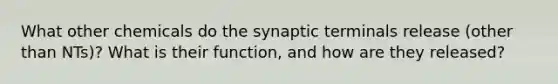 What other chemicals do the synaptic terminals release (other than NTs)? What is their function, and how are they released?