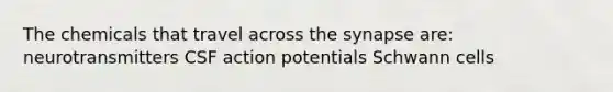 The chemicals that travel across <a href='https://www.questionai.com/knowledge/kTCXU7vaKU-the-synapse' class='anchor-knowledge'>the synapse</a> are: neurotransmitters CSF action potentials Schwann cells