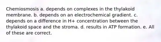 Chemiosmosis a. depends on complexes in the thylakoid membrane. b. depends on an electrochemical gradient. c. depends on a difference in H+ concentration between the thylakoid space and the stroma. d. results in ATP formation. e. All of these are correct.