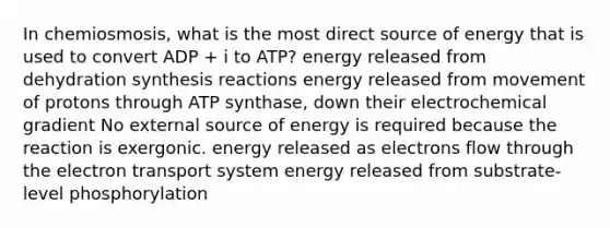 In chemiosmosis, what is the most direct source of energy that is used to convert ADP + i to ATP? energy released from dehydration synthesis reactions energy released from movement of protons through ATP synthase, down their electrochemical gradient No external source of energy is required because the reaction is exergonic. energy released as electrons flow through the electron transport system energy released from substrate-level phosphorylation