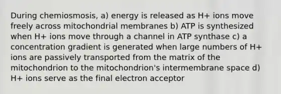 During chemiosmosis, a) energy is released as H+ ions move freely across mitochondrial membranes b) ATP is synthesized when H+ ions move through a channel in ATP synthase c) a concentration gradient is generated when large numbers of H+ ions are passively transported from the matrix of the mitochondrion to the mitochondrion's intermembrane space d) H+ ions serve as the final electron acceptor