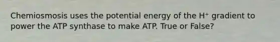 Chemiosmosis uses the potential energy of the H⁺ gradient to power the ATP synthase to make ATP. True or False?