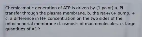 Chemiosmotic generation of ATP is driven by (1 point) a. Pi transfer through the plasma membrane. b. the Na+/K+ pump. + c. a difference in H+ concentration on the two sides of the mitochondrial membrane d. osmosis of macromolecules. e. large quantities of ADP.