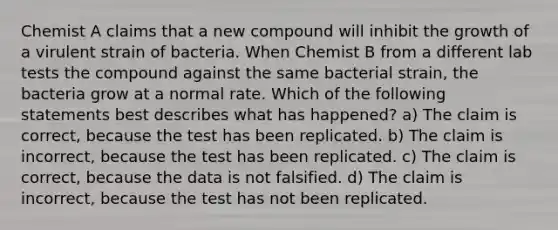 Chemist A claims that a new compound will inhibit the growth of a virulent strain of bacteria. When Chemist B from a different lab tests the compound against the same bacterial strain, the bacteria grow at a normal rate. Which of the following statements best describes what has happened? a) The claim is correct, because the test has been replicated. b) The claim is incorrect, because the test has been replicated. c) The claim is correct, because the data is not falsified. d) The claim is incorrect, because the test has not been replicated.