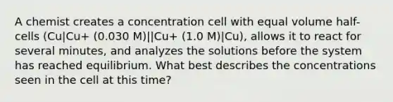 A chemist creates a concentration cell with equal volume half-cells (Cu|Cu+ (0.030 M)||Cu+ (1.0 M)|Cu), allows it to react for several minutes, and analyzes the solutions before the system has reached equilibrium. What best describes the concentrations seen in the cell at this time?