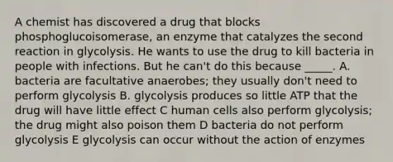 A chemist has discovered a drug that blocks phosphoglucoisomerase, an enzyme that catalyzes the second reaction in glycolysis. He wants to use the drug to kill bacteria in people with infections. But he can't do this because _____. A. bacteria are facultative anaerobes; they usually don't need to perform glycolysis B. glycolysis produces so little ATP that the drug will have little effect C human cells also perform glycolysis; the drug might also poison them D bacteria do not perform glycolysis E glycolysis can occur without the action of enzymes