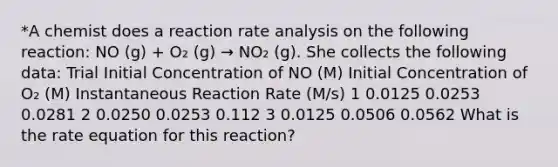 *A chemist does a reaction rate analysis on the following reaction: NO (g) + O₂ (g) → NO₂ (g). She collects the following data: Trial Initial Concentration of NO (M) Initial Concentration of O₂ (M) Instantaneous Reaction Rate (M/s) 1 0.0125 0.0253 0.0281 2 0.0250 0.0253 0.112 3 0.0125 0.0506 0.0562 What is the rate equation for this reaction?