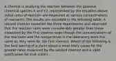 A chemist is studying the reaction between the gaseous chemical species X and Y2, represented by the equation above. Initial rates of reaction are measured at various concentrations of reactants. The results are recorded in the following table. A second chemist repeated the three experiments and observed that the reaction rates were considerably greater than those measured by the first chemist even though the concentrations of the reactants and the temperature in the laboratory were the same as they were for the first chemist. Which of the following is the best pairing of a claim about a most likely cause for the greater rates measured by the second chemist and a valid justification for that claim?