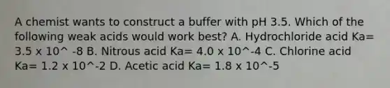 A chemist wants to construct a buffer with pH 3.5. Which of the following weak acids would work best? A. Hydrochloride acid Ka= 3.5 x 10^ -8 B. Nitrous acid Ka= 4.0 x 10^-4 C. Chlorine acid Ka= 1.2 x 10^-2 D. Acetic acid Ka= 1.8 x 10^-5