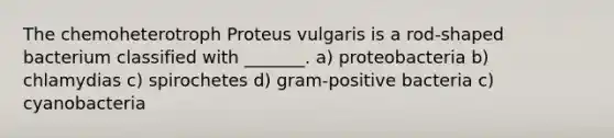 The chemoheterotroph Proteus vulgaris is a rod-shaped bacterium classified with _______. a) proteobacteria b) chlamydias c) spirochetes d) gram-positive bacteria c) cyanobacteria