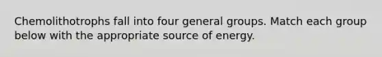 Chemolithotrophs fall into four general groups. Match each group below with the appropriate source of energy.