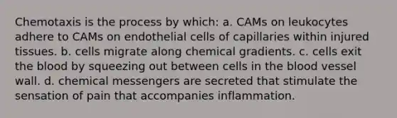 Chemotaxis is the process by which: a. CAMs on leukocytes adhere to CAMs on endothelial cells of capillaries within injured tissues. b. cells migrate along chemical gradients. c. cells exit the blood by squeezing out between cells in the blood vessel wall. d. chemical messengers are secreted that stimulate the sensation of pain that accompanies inflammation.