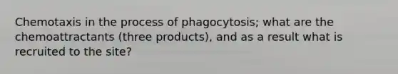 Chemotaxis in the process of phagocytosis; what are the chemoattractants (three products), and as a result what is recruited to the site?