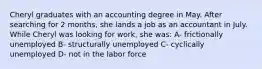 Cheryl graduates with an accounting degree in May. After searching for 2 months, she lands a job as an accountant in July. While Cheryl was looking for work, she was: A- frictionally unemployed B- structurally unemployed C- cyclically unemployed D- not in the labor force